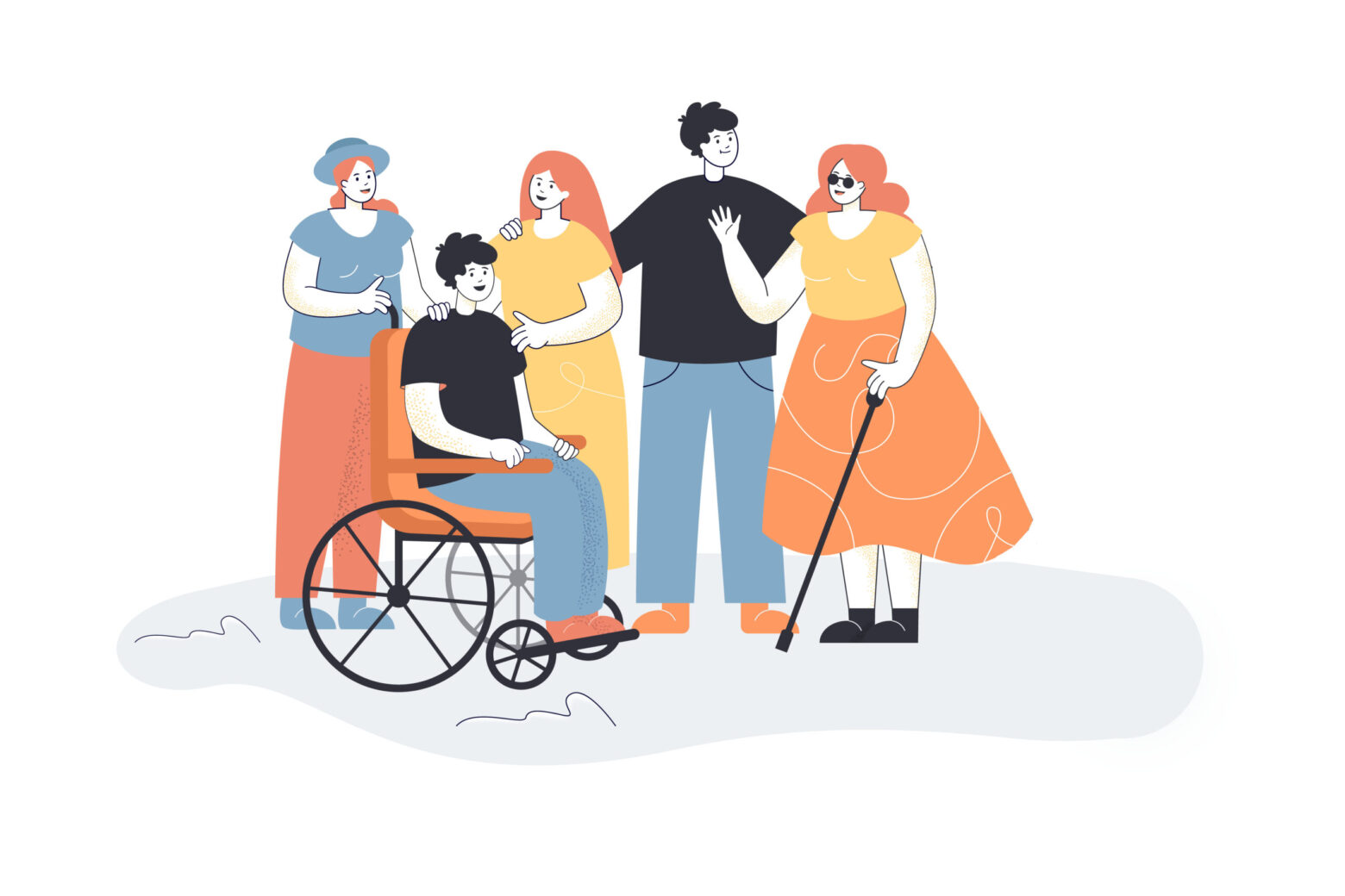 Men and women welcoming people with disabilities Men and women welcoming people with disabilities. Group of people meeting blind female character and male in wheelchair. People talking, smiling. Inclusion concept for banner, website design